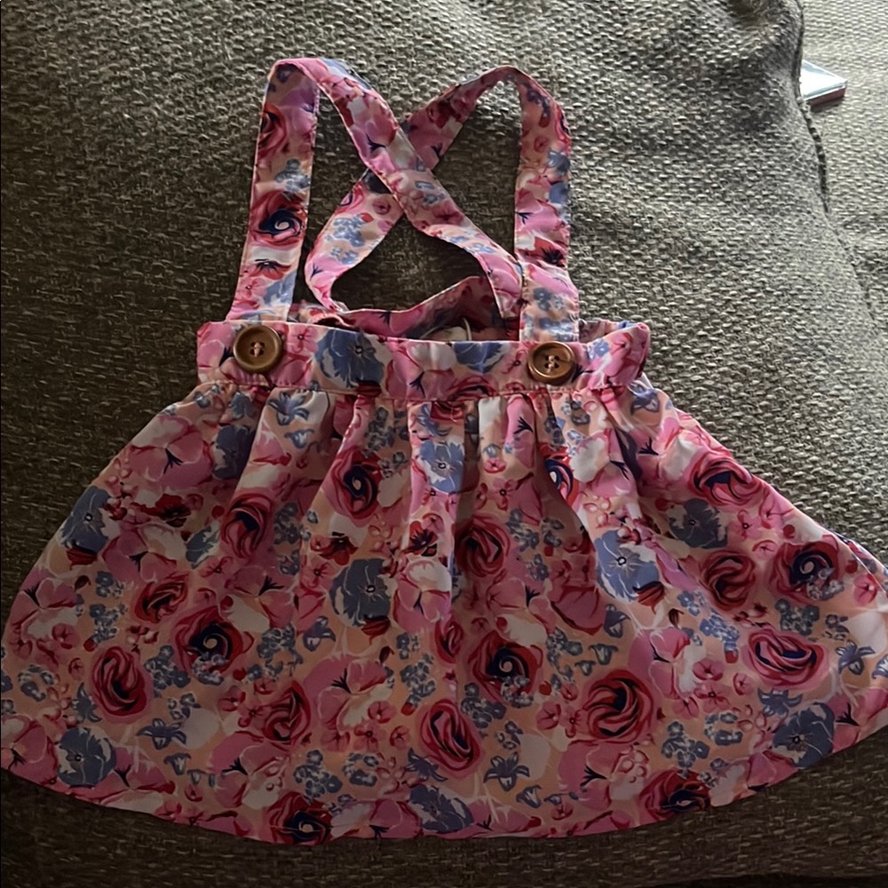 Casual Pink and Blue Floral Dress with Suspenders